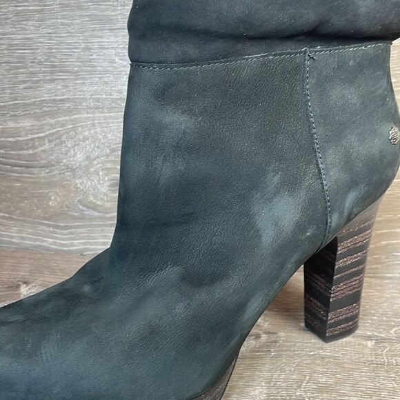 Ugg Dandylion Black Leather Women’s Sz 9.5 Gray Sheepskin Fold Over 4” Heel Boot - Picture 13 of 14